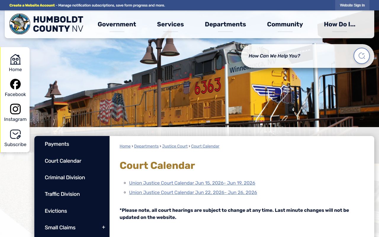 Union Township Justice Court calendar with arraignment, pretrial, preliminary hearing, and trial days