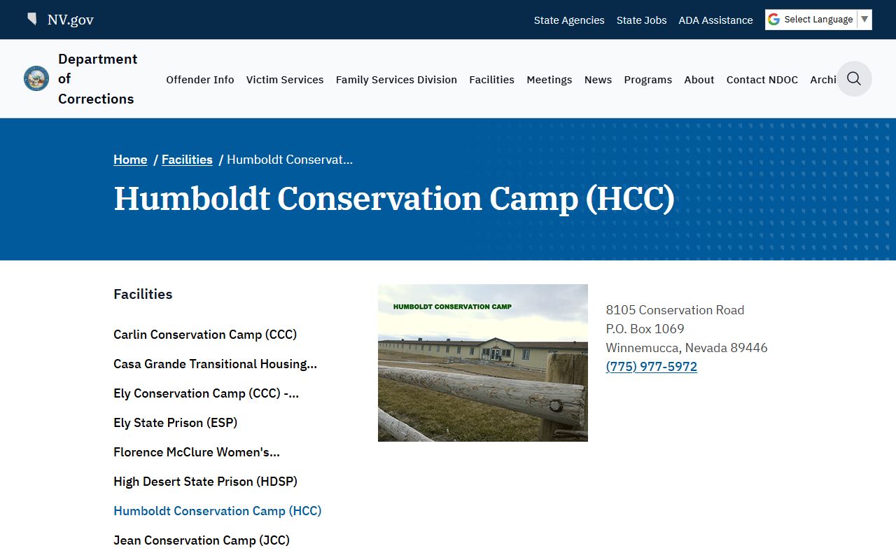 NDOC Humboldt Conservation Camp facility page with address, capacity, staffing, history, and programs