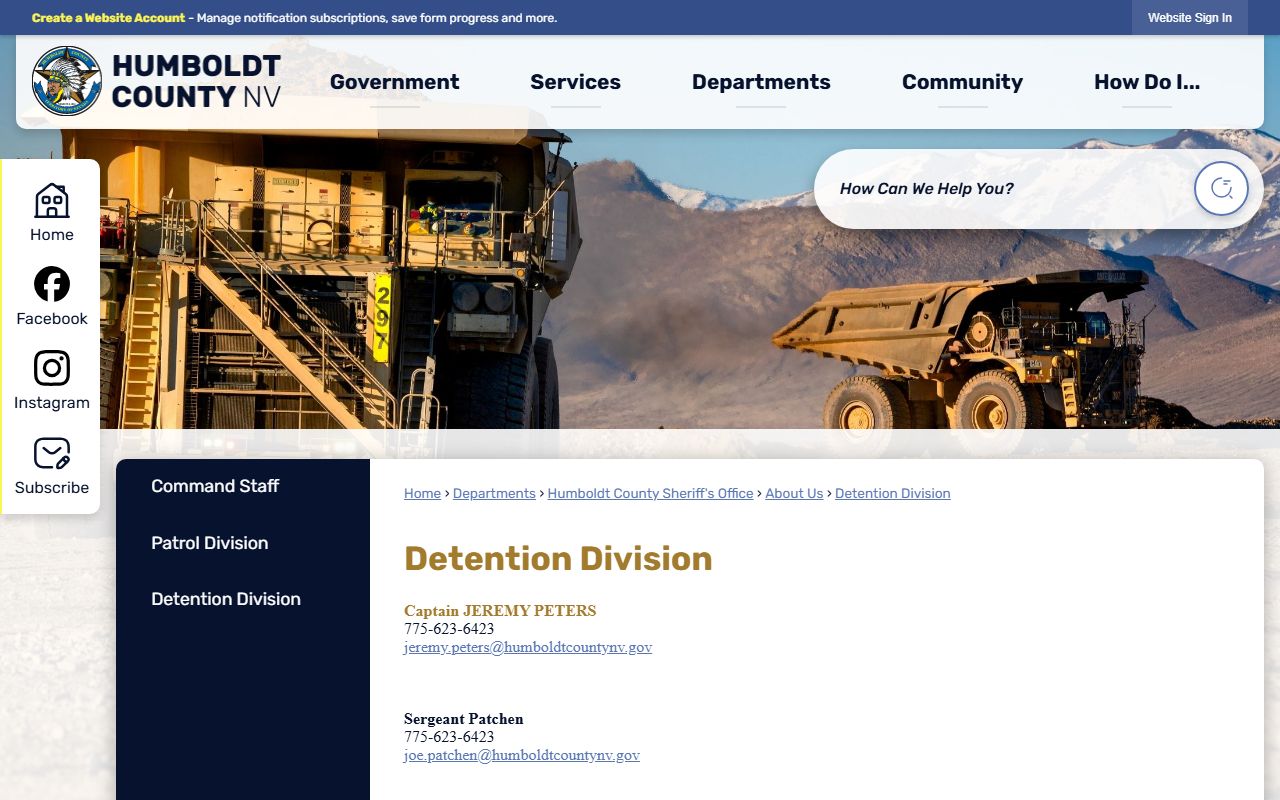 Humboldt County Detention Center Detention Division page with command staff and jail phone