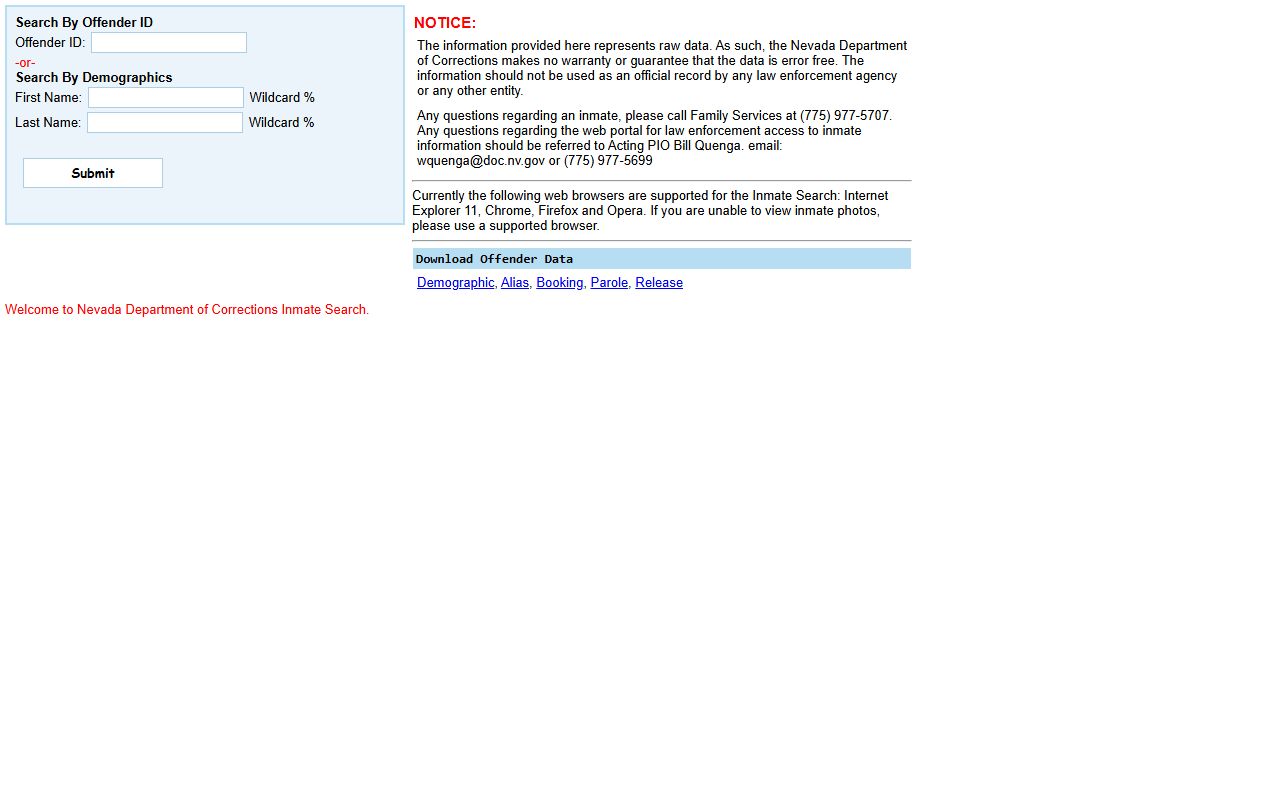 Nevada Department of Corrections offender search form with offender ID and name fields